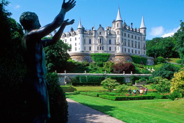 Looking across the gardens and on to the fairytale Dunrobin Castle, Golspie, Highlands