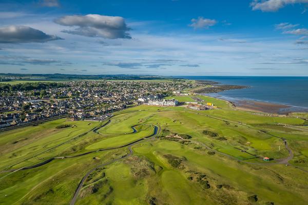 Looking out over Carnoustie links and the town and beach