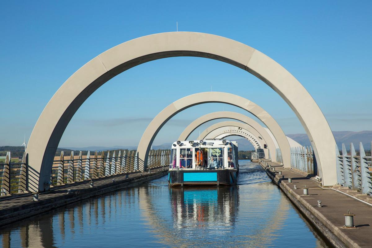 The Falkirk Wheel, the world's only rotating boat lift, connecting the Union Canal and the Forth & Clyde Canal
