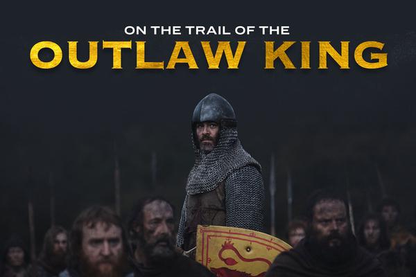 The title page of the Outlaw King film locations map showing Chris Pine as Robert the Bruce. Image © Netflix